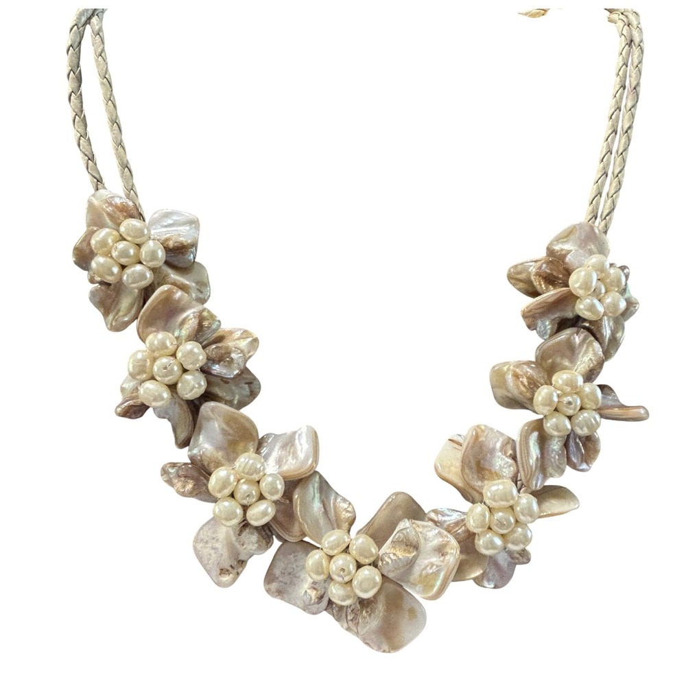 Vintage Mother-of-Pearl Floral Statement Necklace – Braided Cord, Approx. 22"